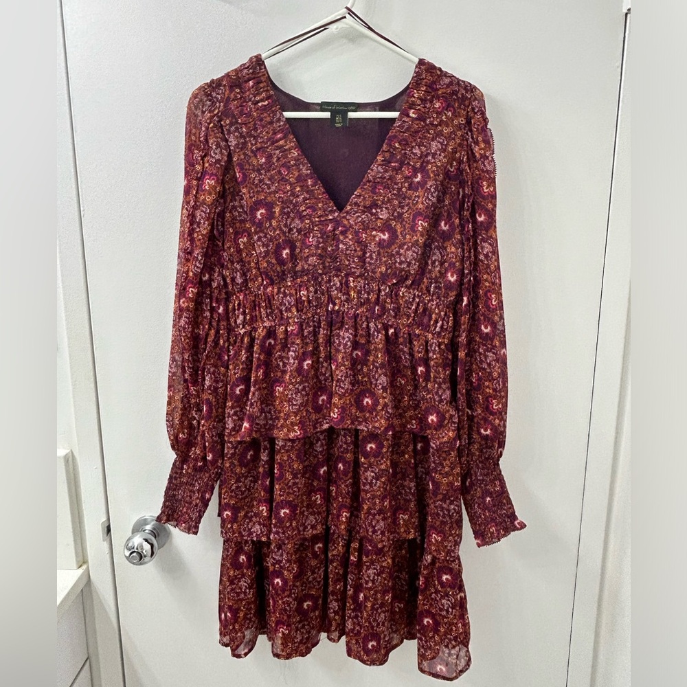 House of Harlow 1960 Red/Purple Ruffled Long Sleeve Sundress